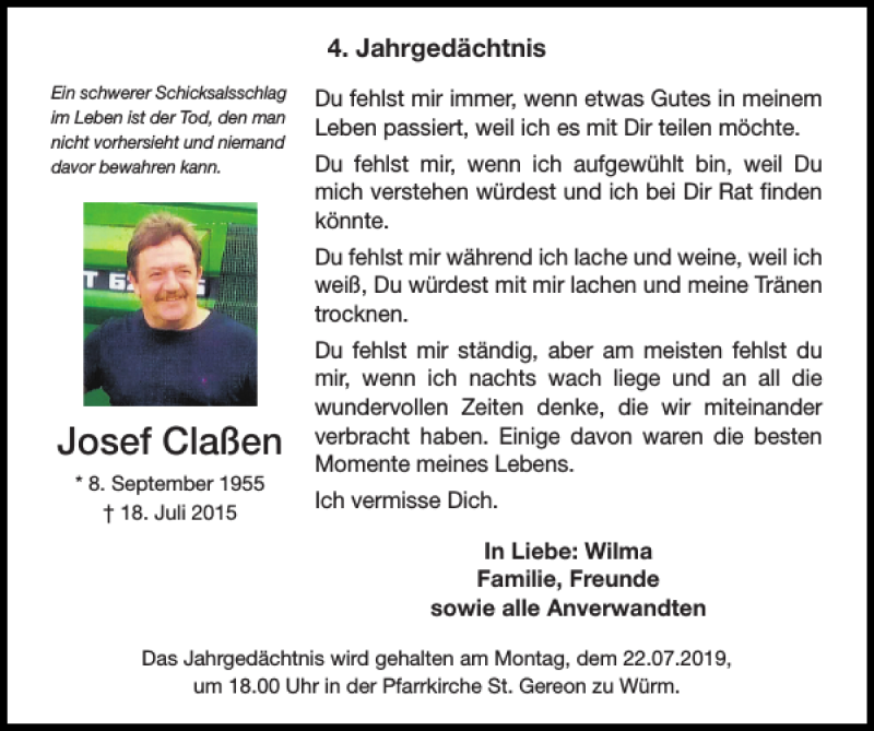 Traueranzeigen von Josef Claßen Aachen gedenkt