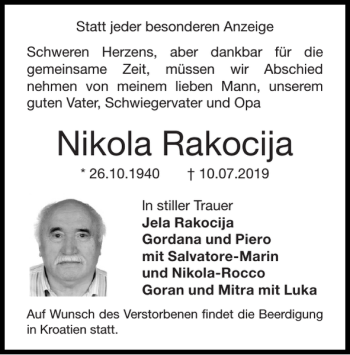 Traueranzeigen Von Nikola Rakocija Aachen Gedenkt