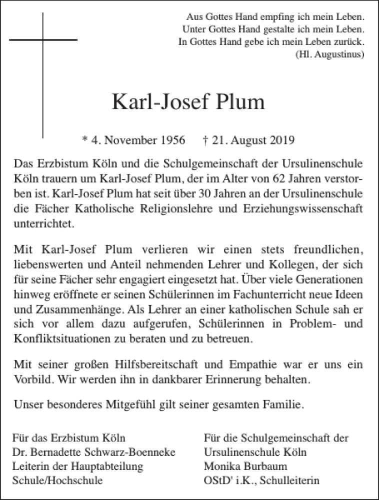 Traueranzeigen Von Karl Josef Plum Aachen Gedenkt