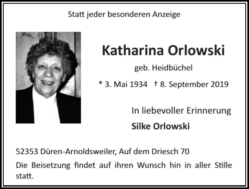 Traueranzeigen Von Katharina Orlowski Aachen Gedenkt