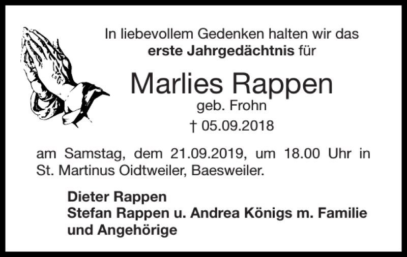 Traueranzeigen Von Marlies Rappen Aachen Gedenkt