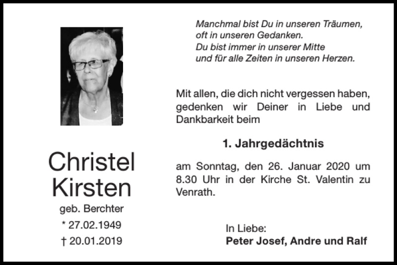 Traueranzeigen Von Christel Kirsten Aachen Gedenkt