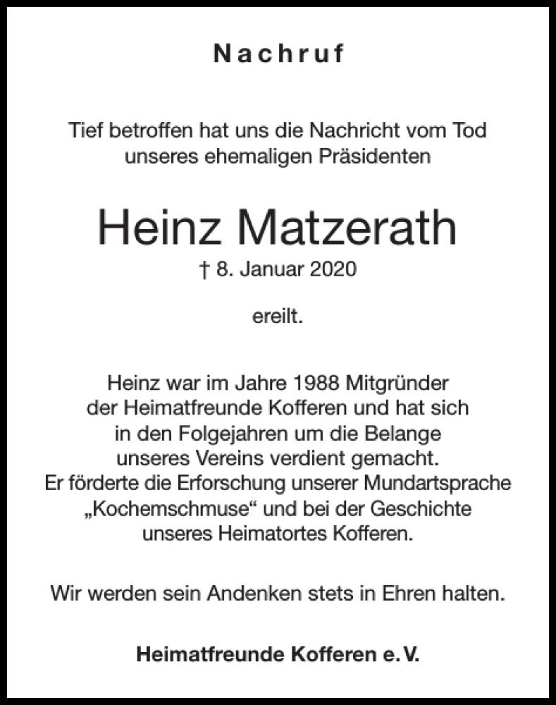 Traueranzeigen Von Heinz Matzerath Aachen Gedenkt