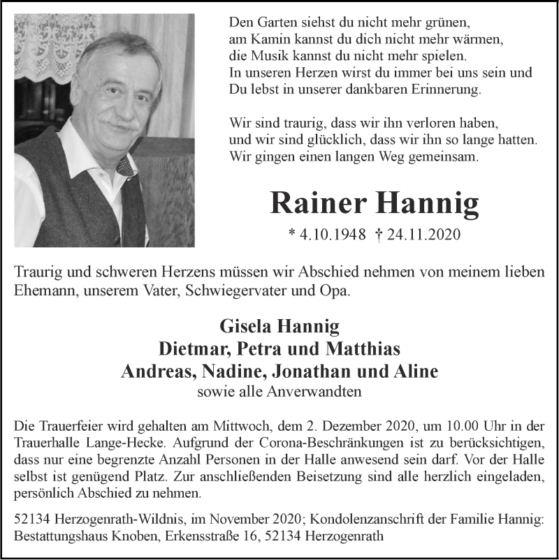 Traueranzeigen Von Rainer Hannig Aachen Gedenkt