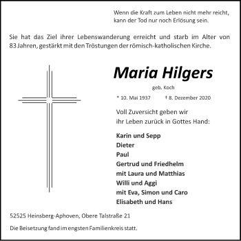 Traueranzeigen Von Maria Hilgers Aachen Gedenkt