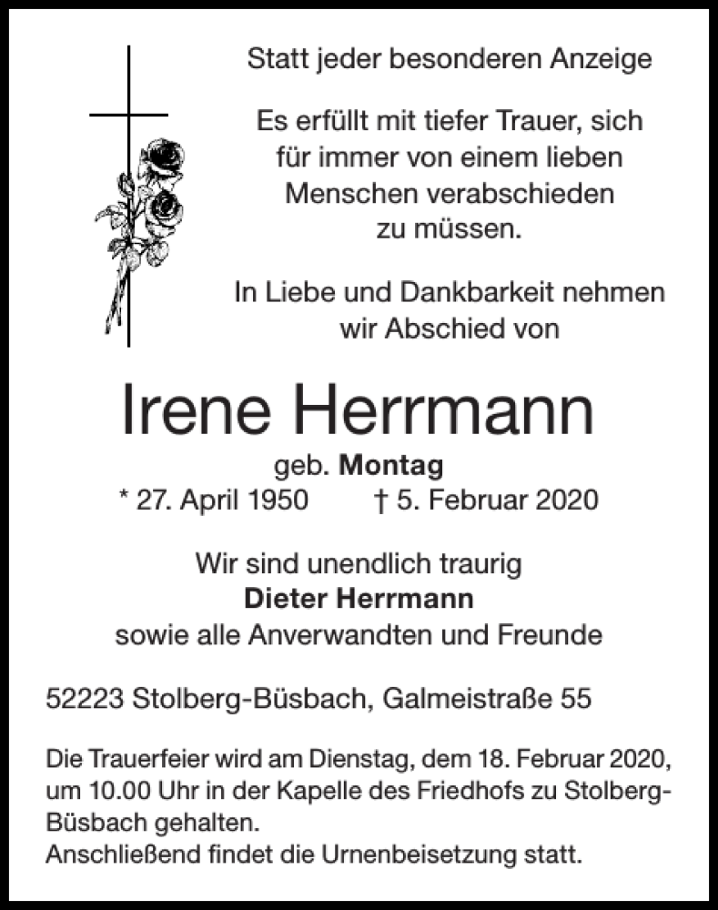 Traueranzeigen Von Irene Herrmann Aachen Gedenkt