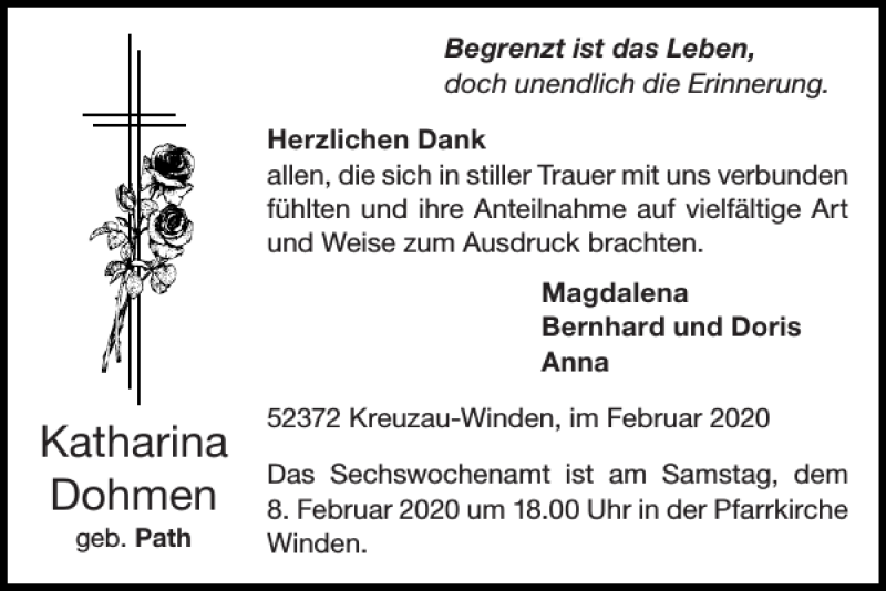 Traueranzeigen Von Katharina Dohmen Aachen Gedenkt