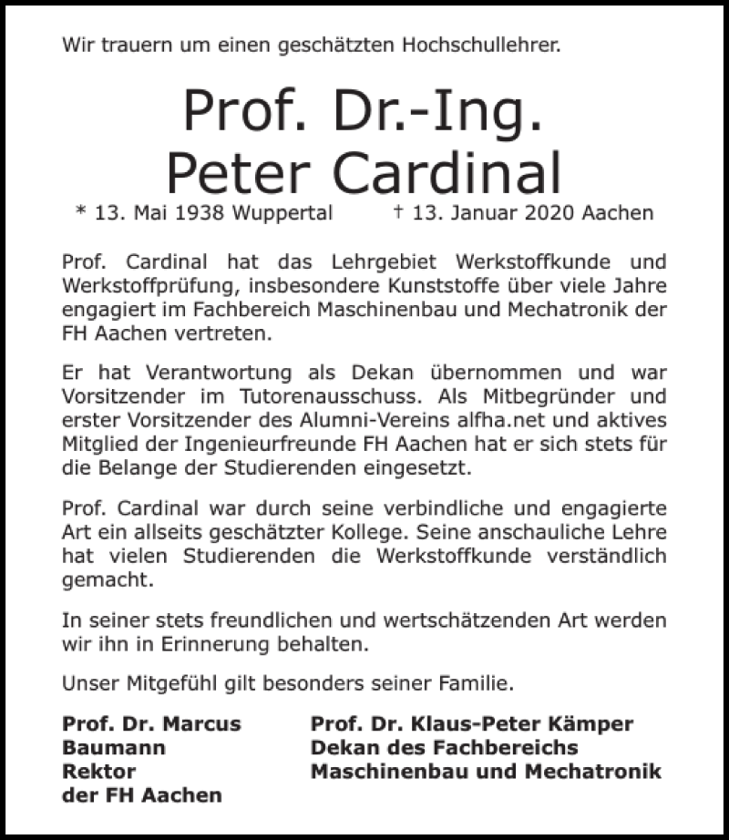 Traueranzeigen Von Prof Dr Ing Peter Cardinal Aachen Gedenkt