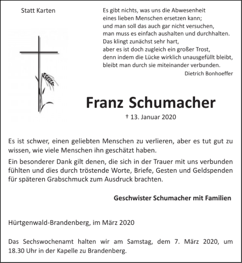 Traueranzeigen Von Franz Schumacher Aachen Gedenkt