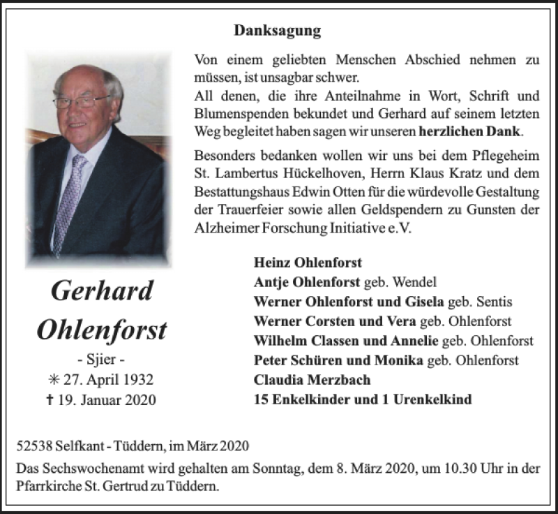 Traueranzeigen Von Gerhard Ohlenforst Aachen Gedenkt