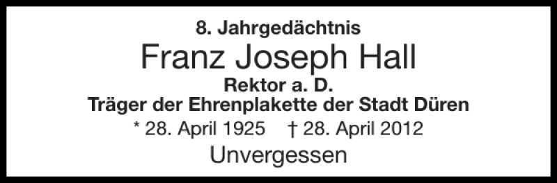 Traueranzeigen Von Franz Joseph Hall Aachen Gedenkt