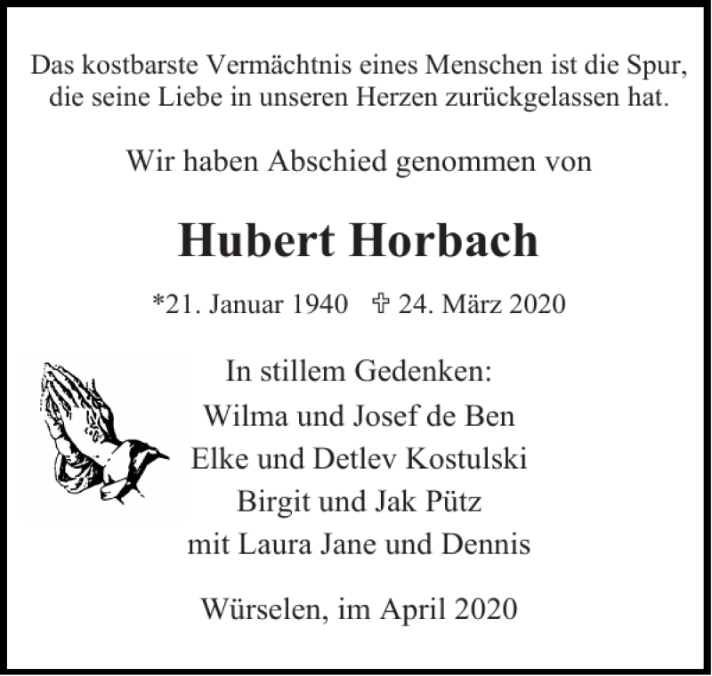 Traueranzeigen Von Hubert Horbach Aachen Gedenkt