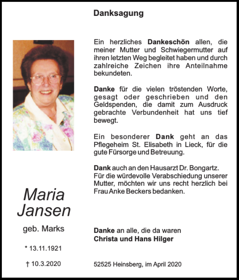 Traueranzeigen Von Maria Jansen Aachen Gedenkt