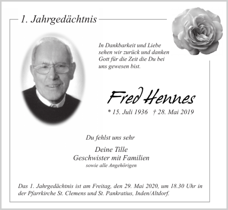 Traueranzeigen Von Fred Hennes Aachen Gedenkt