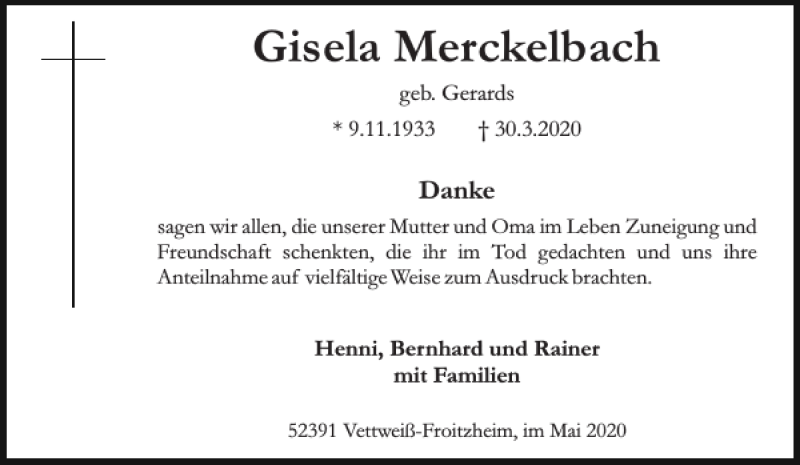 Traueranzeigen Von Gisela Merckelbach Aachen Gedenkt