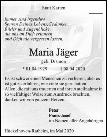 Traueranzeigen von Maria Jäger Aachen gedenkt