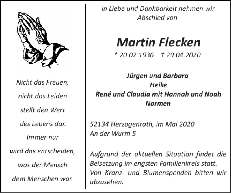 Traueranzeigen Von Martin Flecken Aachen Gedenkt