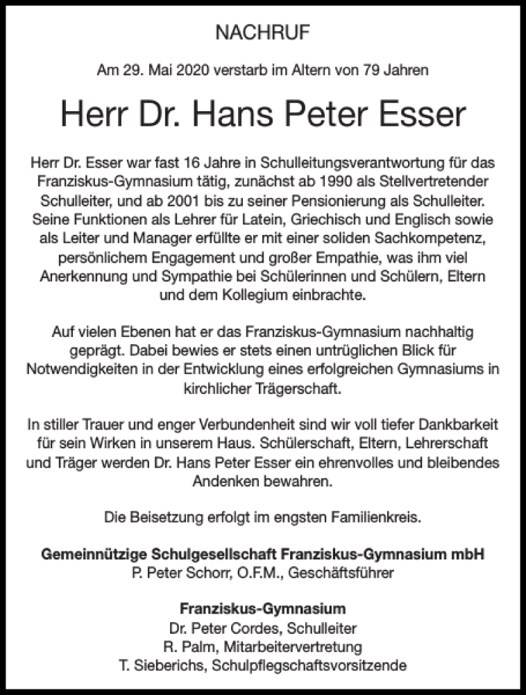 Traueranzeigen Von Dr Hans Peter Esser Aachen Gedenkt