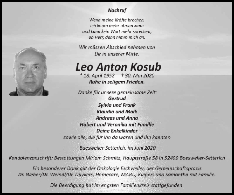 Traueranzeigen Von Leo Anton Kosub Aachen Gedenkt