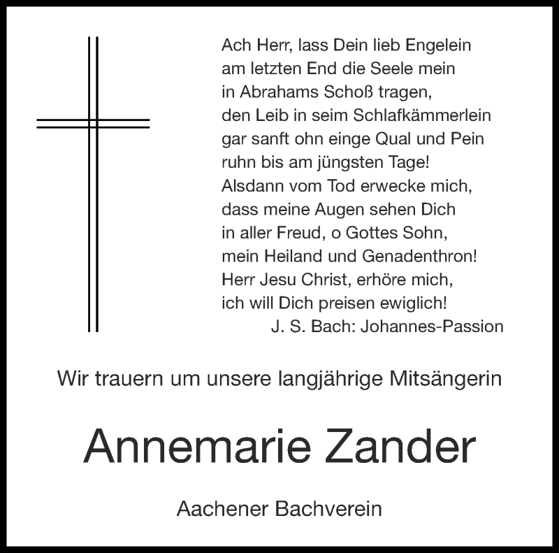 Traueranzeigen Von Annemarie Zander Aachen Gedenkt