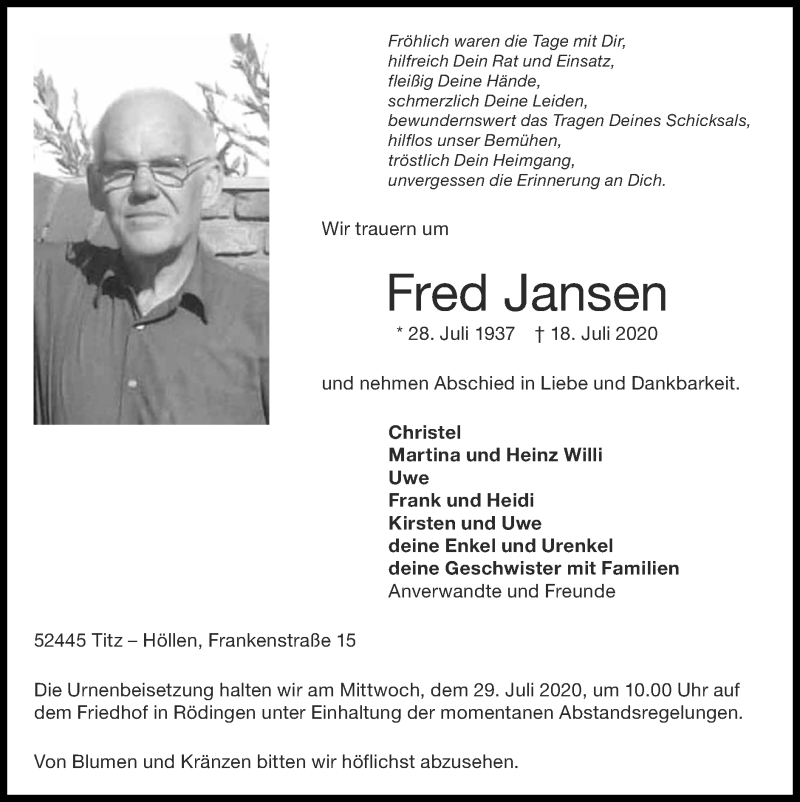 Traueranzeigen Von Fred Jansen Aachen Gedenkt