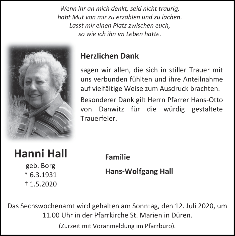 Traueranzeigen Von Hanni Hall Aachen Gedenkt