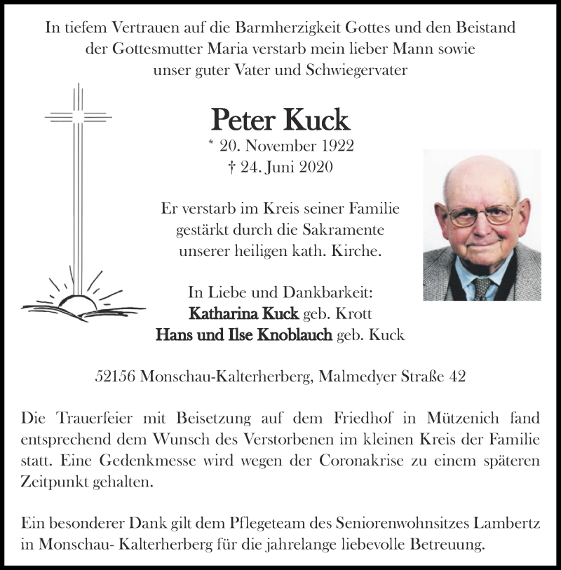 Traueranzeigen Von Peter Kuck Aachen Gedenkt