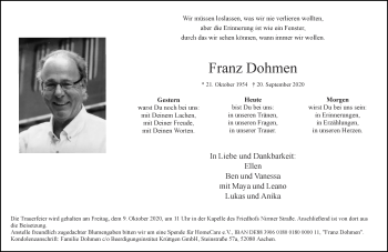 Traueranzeigen Von Franz Dohmen Aachen Gedenkt