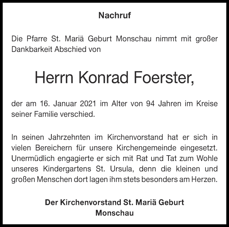 Traueranzeigen Von Konrad Foerster Aachen Gedenkt