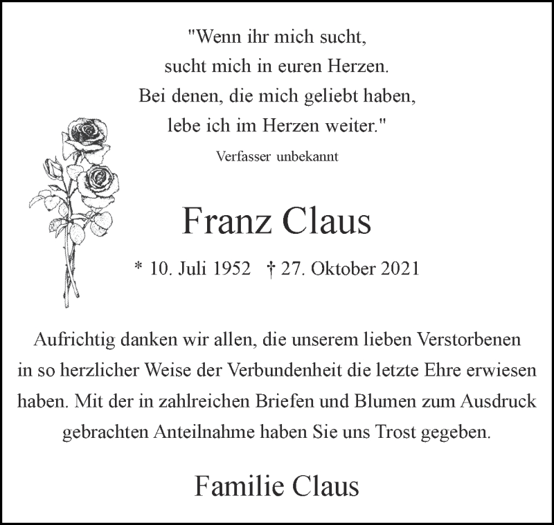 Traueranzeigen Von Franz Claus Aachen Gedenkt