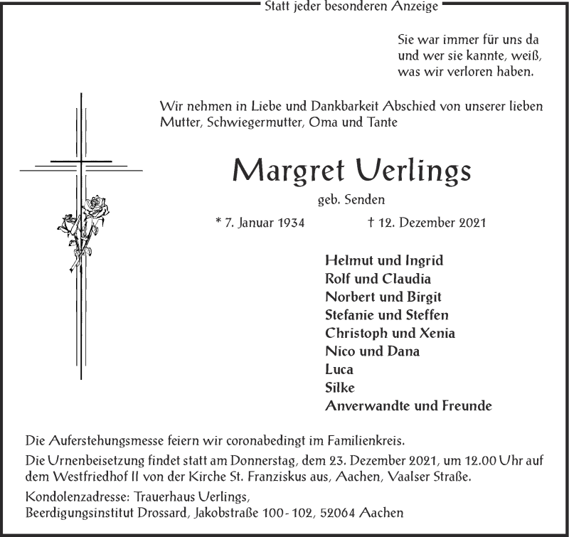 Traueranzeigen Von Margret Uerlings Aachen Gedenkt