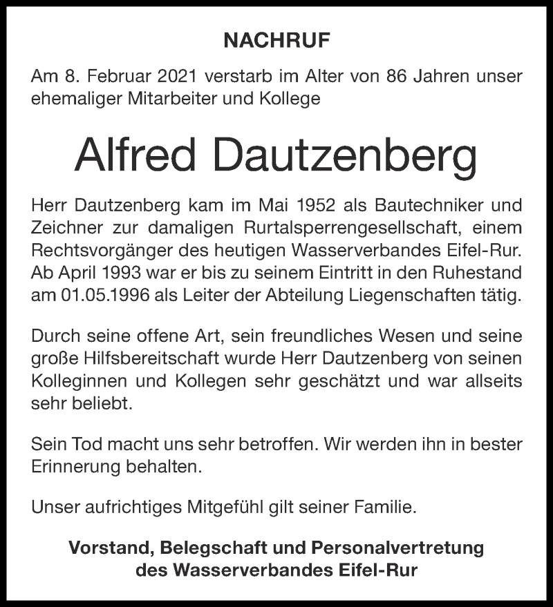 Traueranzeigen Von Alfred Dautzenberg Aachen Gedenkt