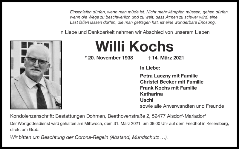 Traueranzeigen Von Willi Kochs Aachen Gedenkt