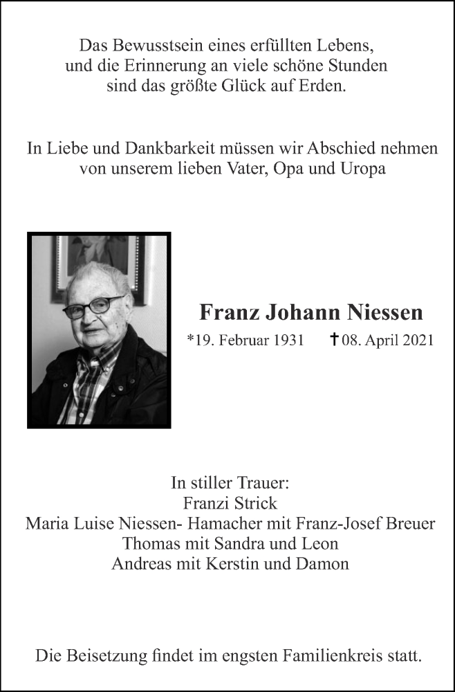 Traueranzeigen Von Franz Johann Niessen Aachen Gedenkt