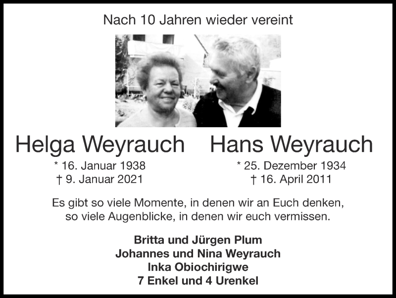 Traueranzeigen Von Helga Weyrauch Aachen Gedenkt