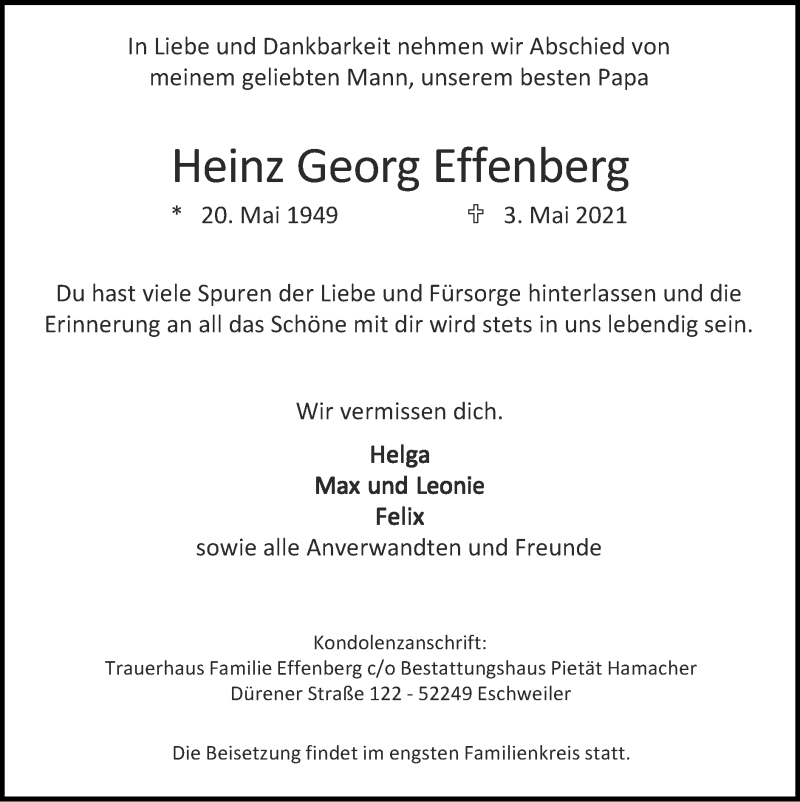 Traueranzeigen Von Heinz Georg Effenberg Aachen Gedenkt