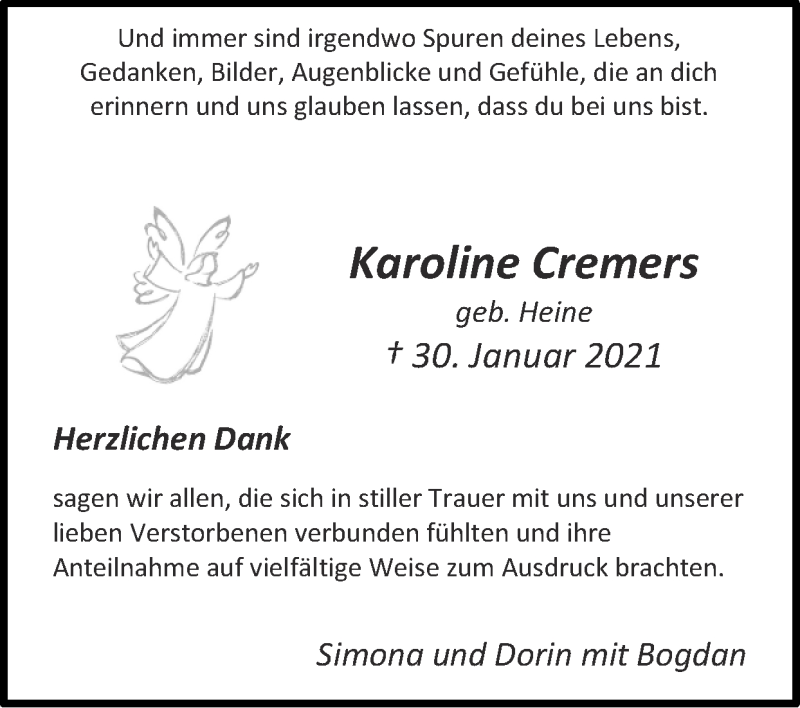 Traueranzeigen Von Karoline Cremers Aachen Gedenkt