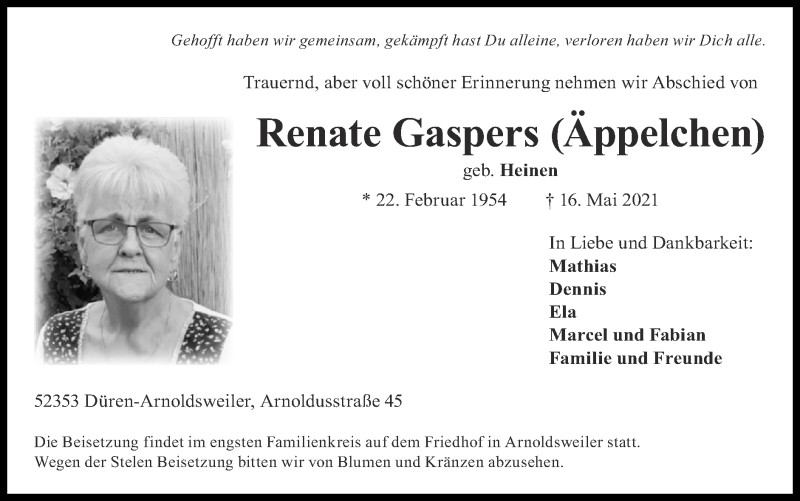 Traueranzeigen Von Renate Gaspers Aachen Gedenkt