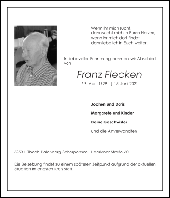 Traueranzeigen Von Franz Flecken Aachen Gedenkt