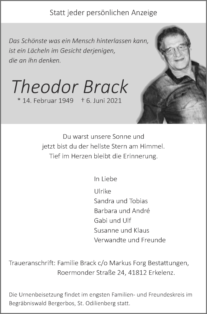 Traueranzeigen Von Theodor Brack Aachen Gedenkt