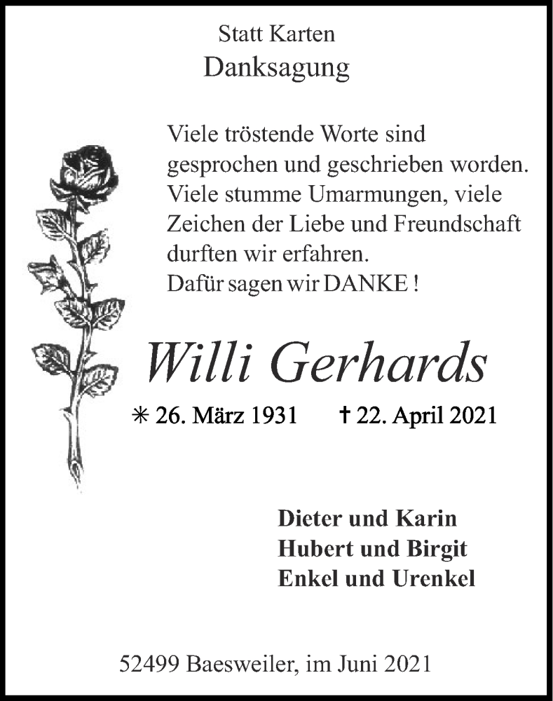 Traueranzeigen Von Willi Gerhards Aachen Gedenkt