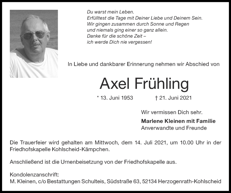 Traueranzeigen von Axel Frühling Aachen gedenkt