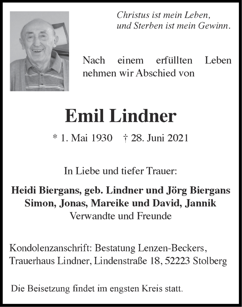 Traueranzeigen Von Emil Lindner Aachen Gedenkt