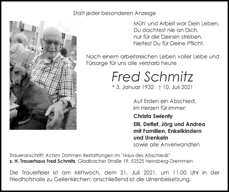 Traueranzeigen Von Fred Schmitz Aachen Gedenkt