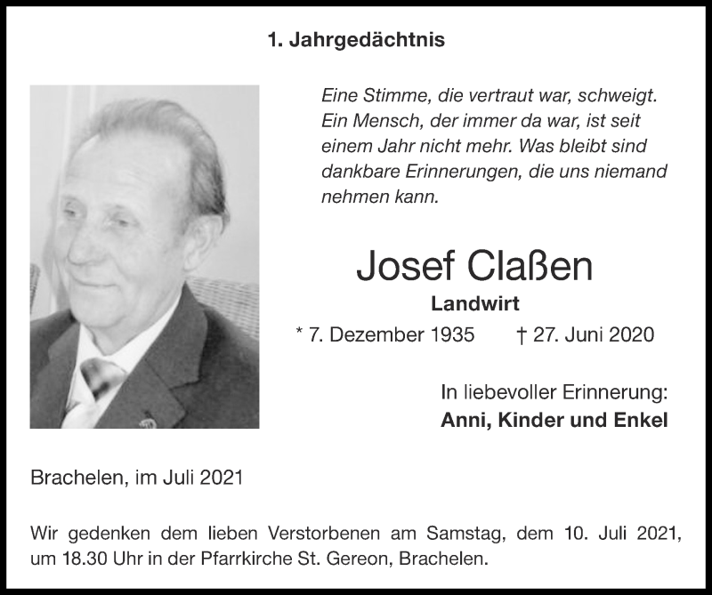 Traueranzeigen von Josef Claßen Aachen gedenkt