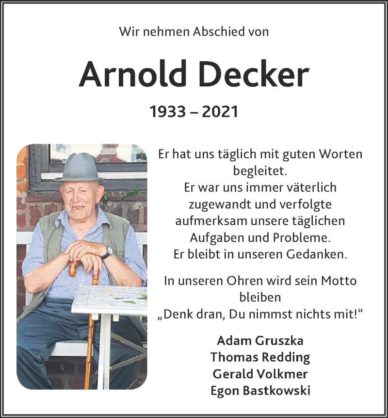 Traueranzeigen Von Arnold Decker Aachen Gedenkt