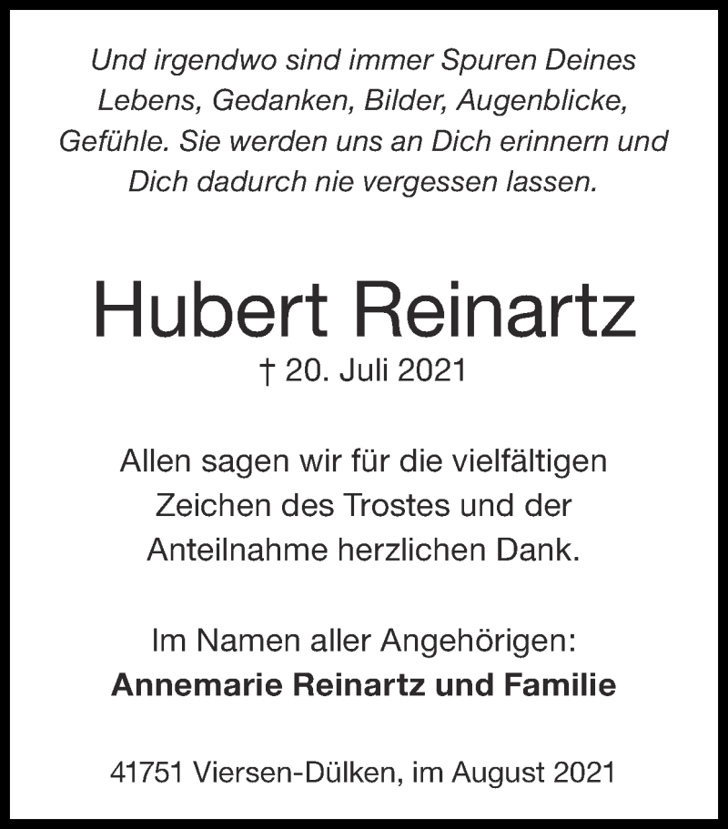 Traueranzeigen Von Hubert Reinartz Aachen Gedenkt