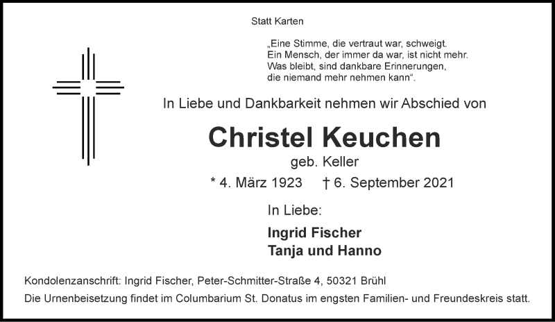 Traueranzeigen Von Christel Keuchen Aachen Gedenkt