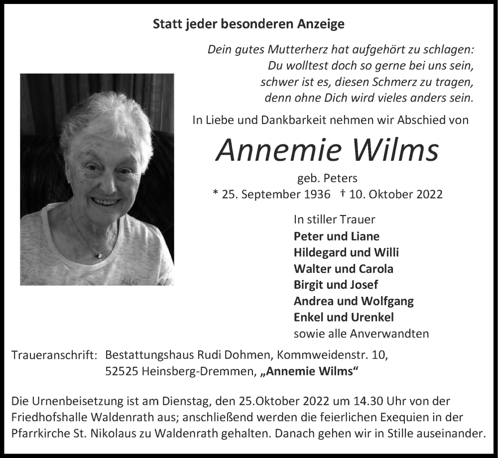 Traueranzeigen Von Annemie Wilms Aachen Gedenkt