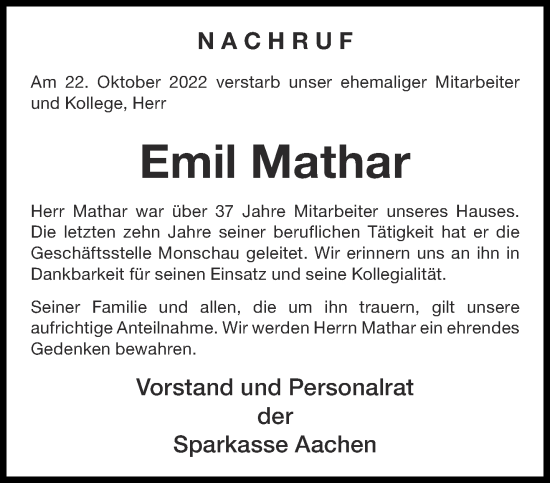 Traueranzeigen Von Emil Mathar Aachen Gedenkt